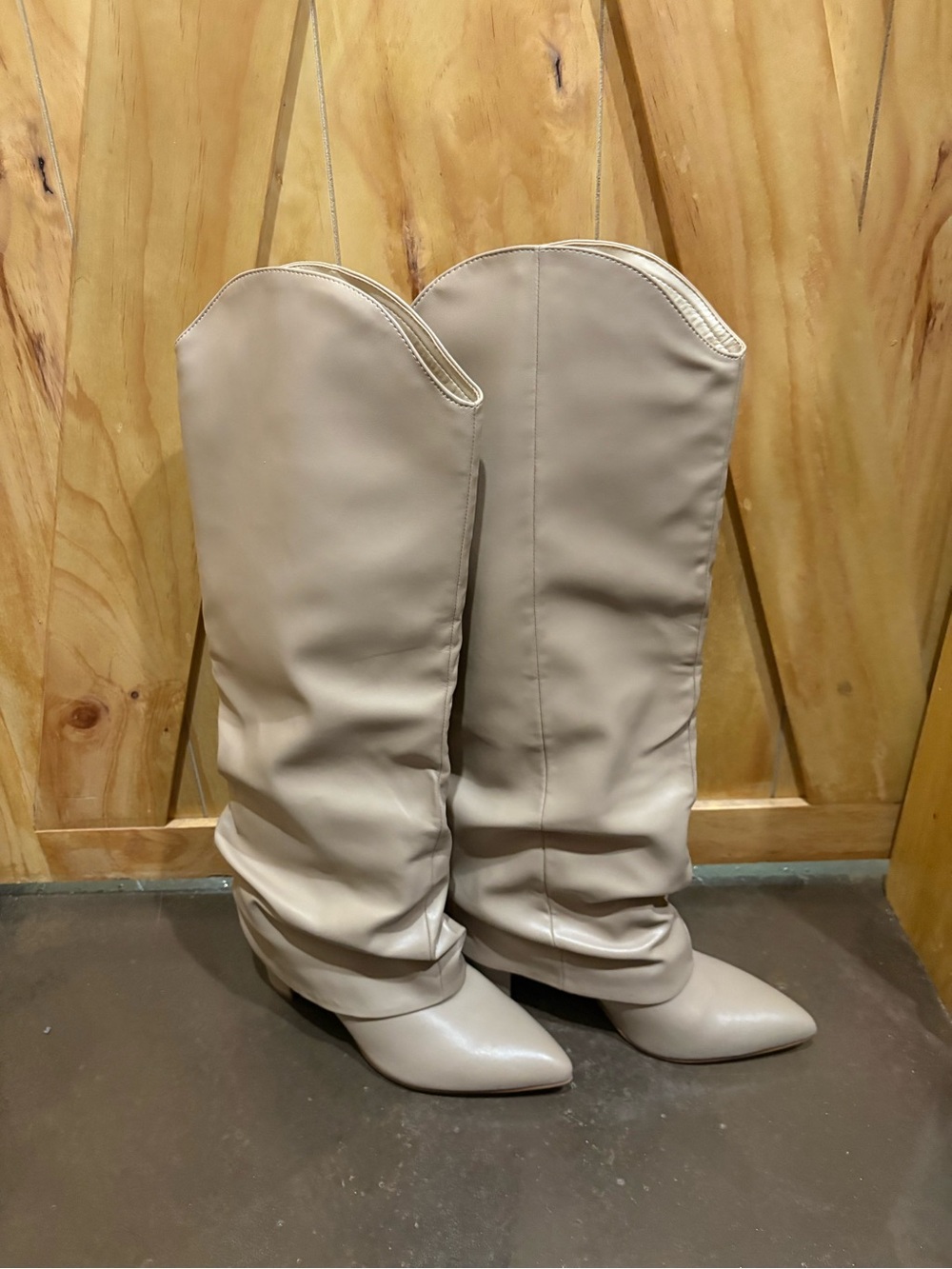 Nine West Beige Slouchy Mid-Calf Heeled Boots